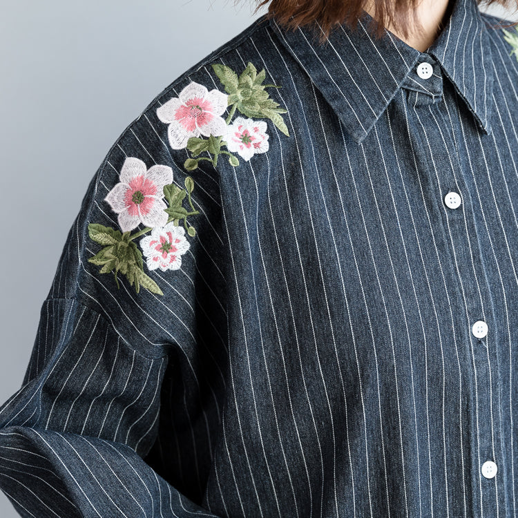 Outfit Refashion Turn-down Collar Embroidery Dark Blue Striped Diy Cotton Tops