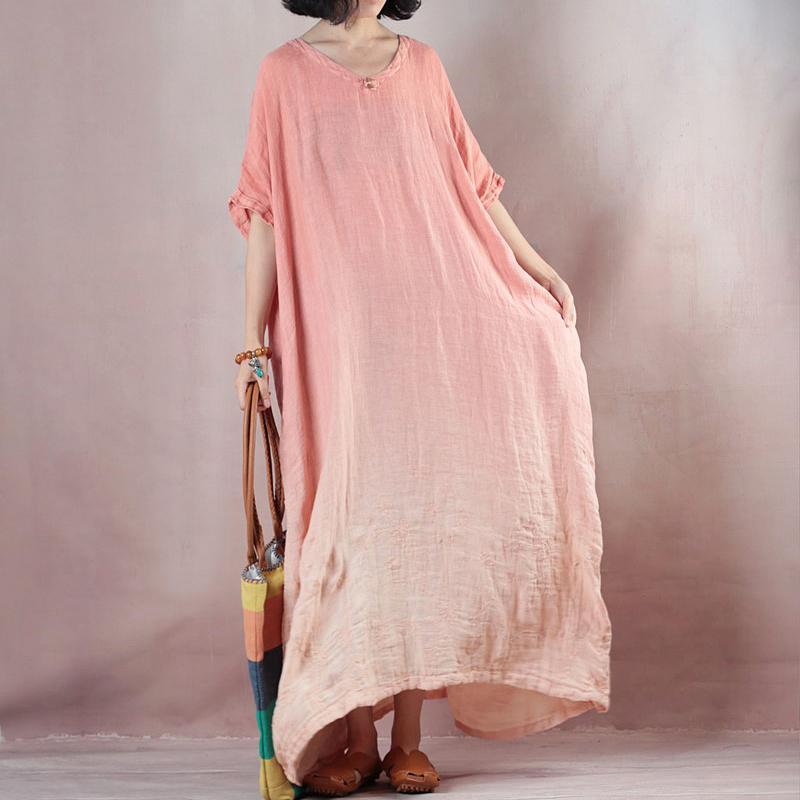 Pink Orange Linen Dresses Loose Fitting V Neck Baggy Dresses Linen Dress Half Sleeve Maxi Dresses