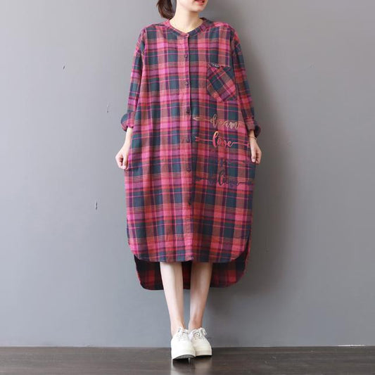 Plaid Prints Cotton Caftans Loose Fitting Cotton Clothing Shirt Dress New Low High Design Kaftans