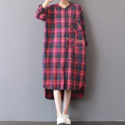 Plaid Prints Cotton Caftans Loose Fitting Cotton Clothing Shirt Dress New Low High Design Kaftans