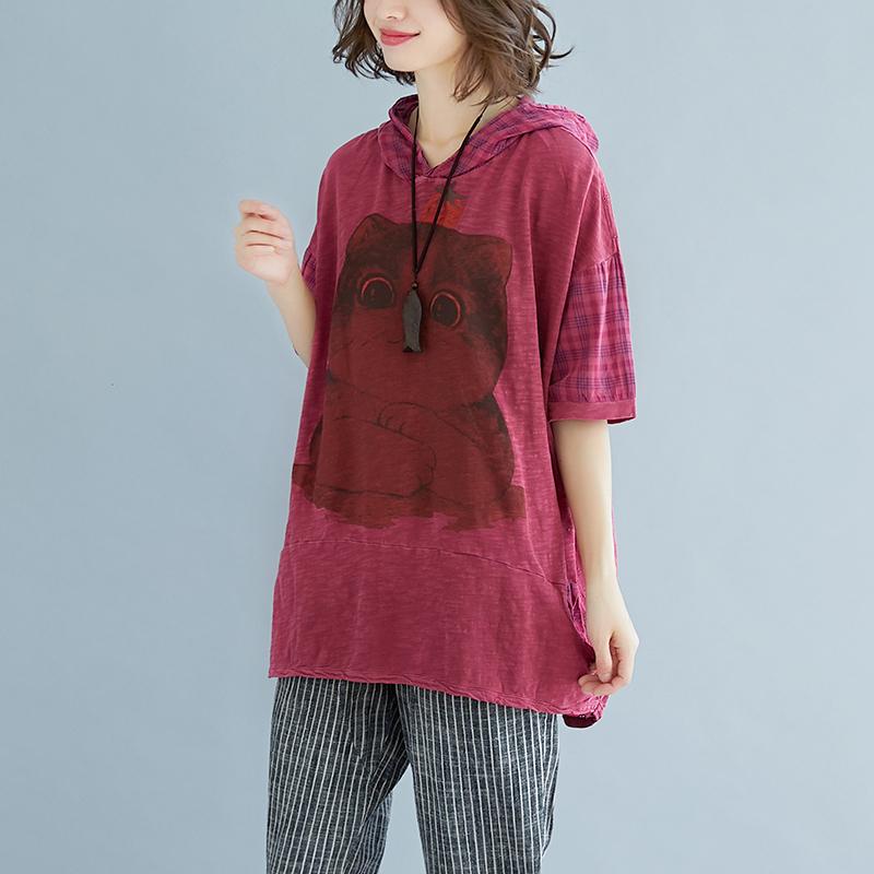 Pure Linen Blouse Oversize Plaid Summer Short Sleeve High-low Hem Purple Hooded Blouse