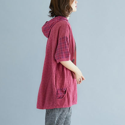 Pure Linen Blouse Oversize Plaid Summer Short Sleeve High-low Hem Purple Hooded Blouse