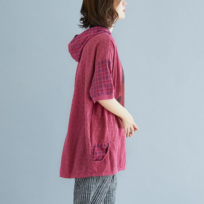 Pure Linen Blouse Oversize Plaid Summer Short Sleeve High-low Hem Purple Hooded Blouse