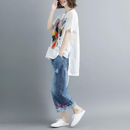 Pure Linen Blouse Summer Short Sleeve Slit Round Neck White Tops