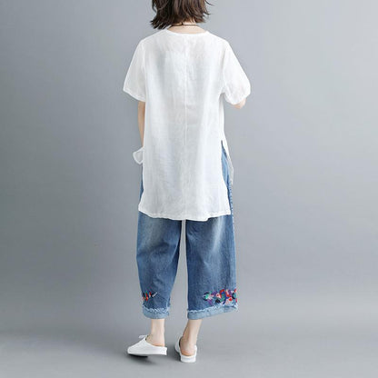 Pure Linen Blouse Summer Short Sleeve Slit Round Neck White Tops