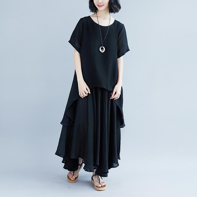 Pure Linen Tops Oversized Short Sleeve Black Pockets Fake Two-piece Dress