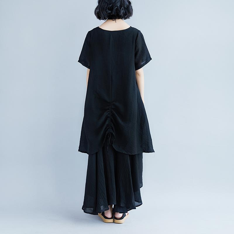 Pure Linen Tops Oversized Short Sleeve Black Pockets Fake Two-piece Dress