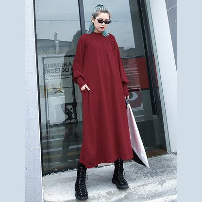 Red Autumn Clothing Stand Collar Traveling Dress Boutique Pockets Baggy Dresses