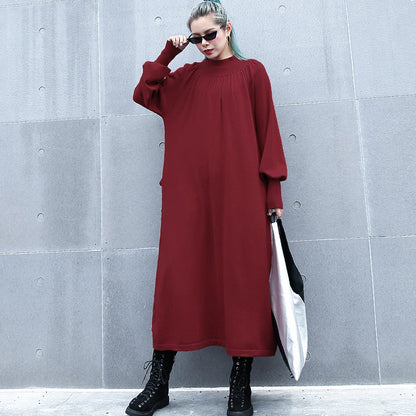 Red Autumn Clothing Stand Collar Traveling Dress Boutique Pockets Baggy Dresses
