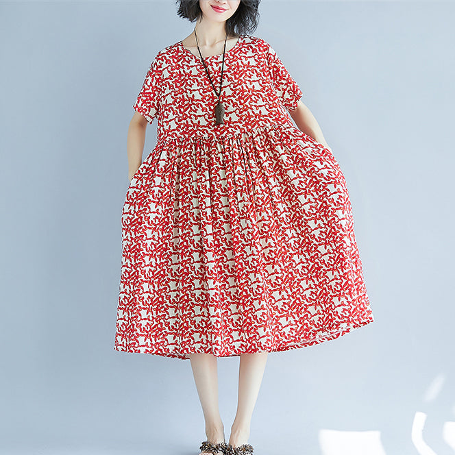 Red Linen Knee Dress Oversized Dress Fine Short Sleeve O Neck Dresses