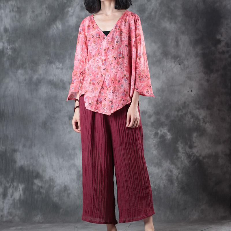 Red Print Linen T Shirt Clothing Linen Clothing Blouses New Half Sleeve V Neck Tie Waist Linen Clothing Tops