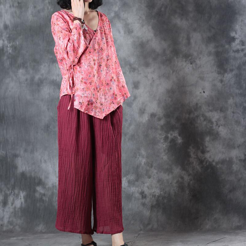 Red Print Linen T Shirt Clothing Linen Clothing Blouses New Half Sleeve V Neck Tie Waist Linen Clothing Tops
