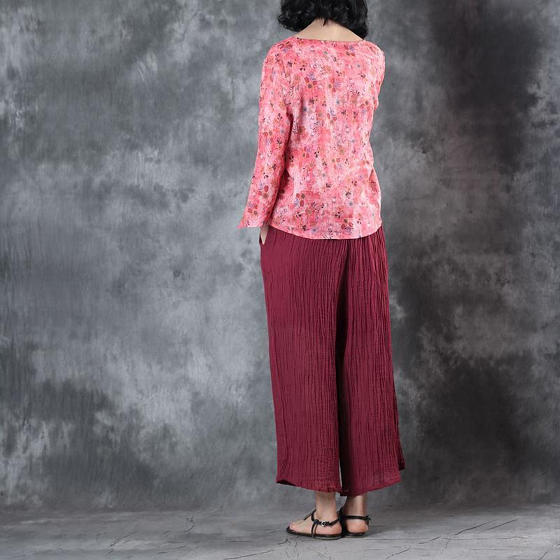 Red Print Linen T Shirt Clothing Linen Clothing Blouses New Half Sleeve V Neck Tie Waist Linen Clothing Tops