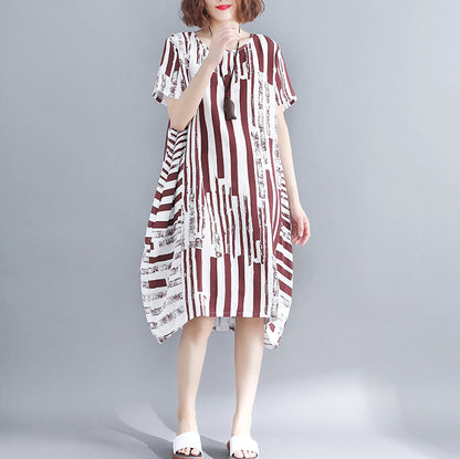 Red Pure Cotton Blended Dress Holiday Dresses Short Sleeve Geometric O Neck Asymmetric Cotton Blended Clothing