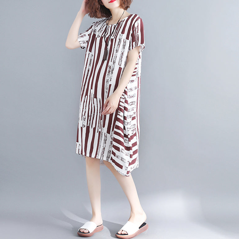Red Pure Cotton Blended Dress Holiday Dresses Short Sleeve Geometric O Neck Asymmetric Cotton Blended Clothing