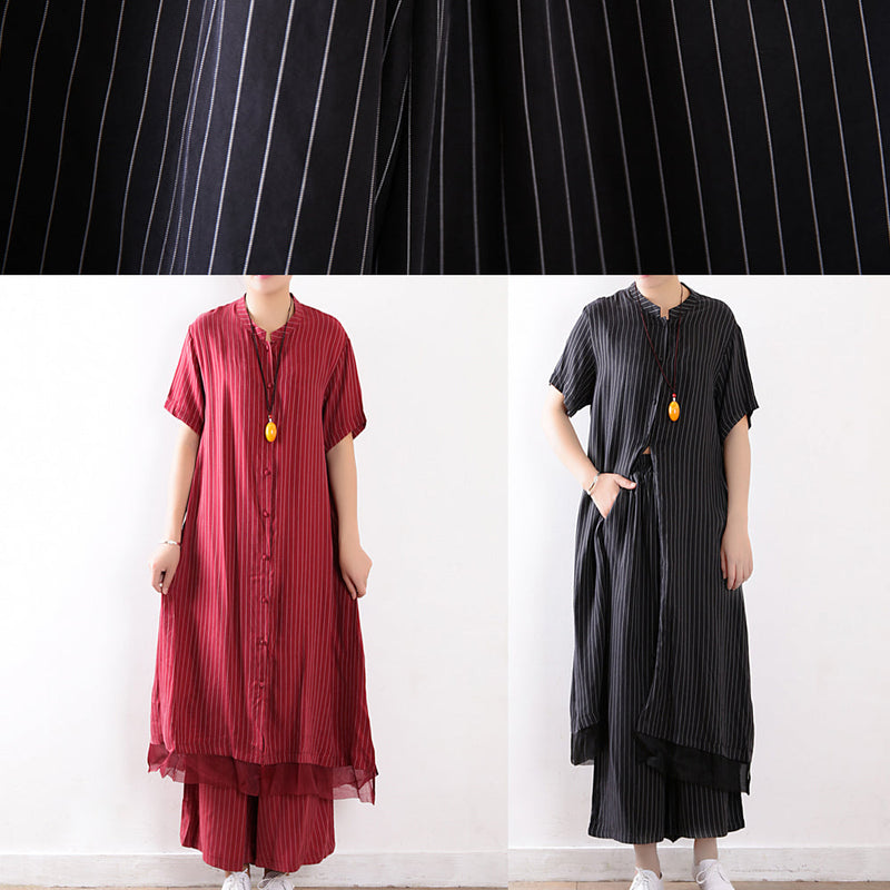 Red Striped Silk Shirt Dress and Elastic Waist Wide Leg Pants Two Pieces