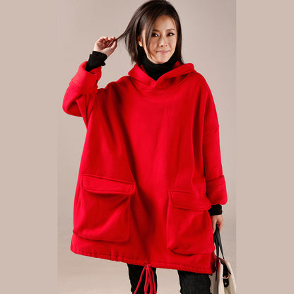 Red High Neck Cotton Hooded Blouses