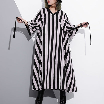 Striped Cotton Caftans Loose Fitting Tie Waist Cotton Maxi Dress Fine V Neck Cotton Caftans