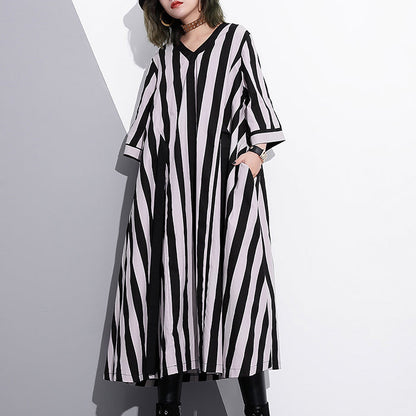 Striped Cotton Caftans Loose Fitting Tie Waist Cotton Maxi Dress Fine V Neck Cotton Caftans