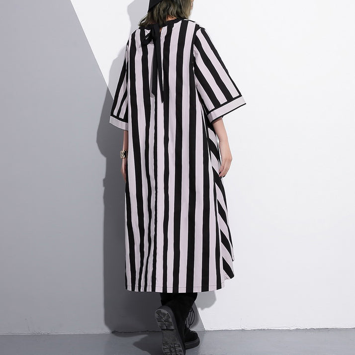 Striped Cotton Caftans Loose Fitting Tie Waist Cotton Maxi Dress Fine V Neck Cotton Caftans