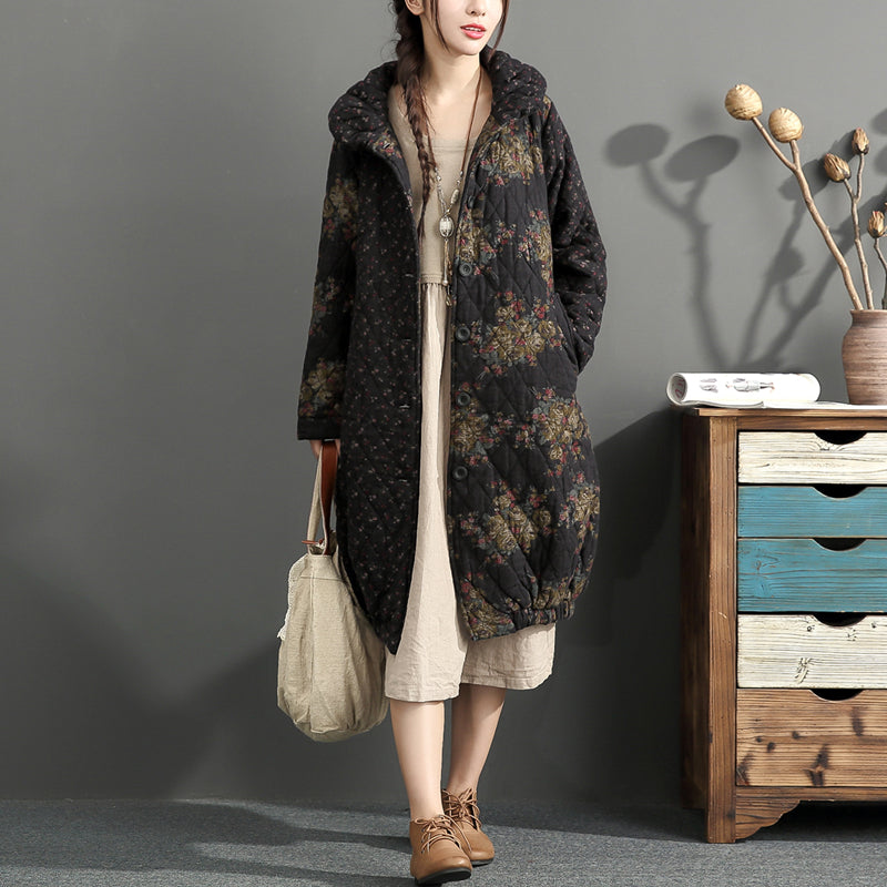 Thick Warm Print Patchwork Cotton Cardigans Linen Long Sleeve Winter Coats