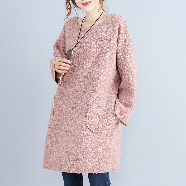 Warm Pink Corduroy Mid Shift Dresses Oversize Big Pockets Knit Dress