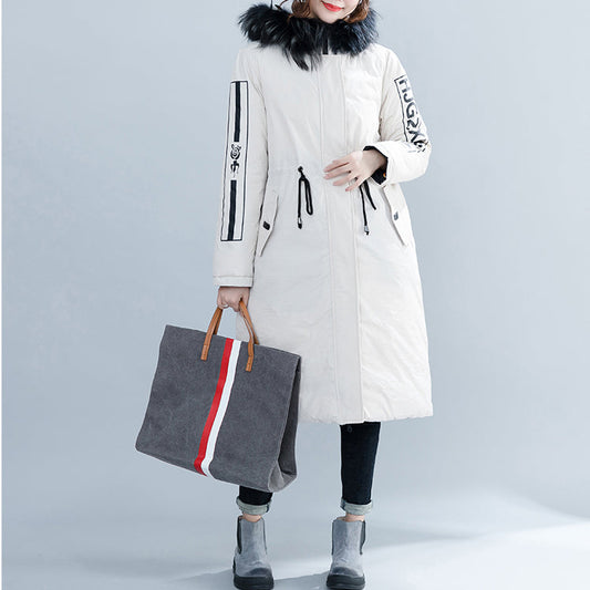 White Parka Loose Fitting Hooded Fur Collar Letter Quilted Coat Tie Waist Pockets Cotton Coats