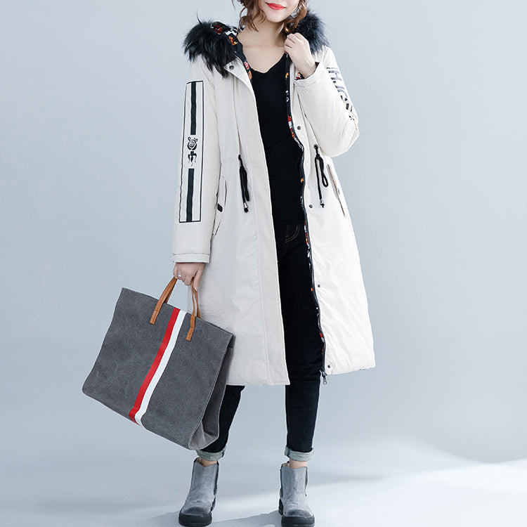 White Parka Loose Fitting Hooded Fur Collar Letter Quilted Coat Tie Waist Pockets Cotton Coats