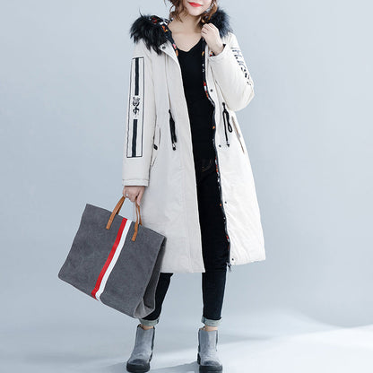 White Parka Loose Fitting Hooded Fur Collar Letter Quilted Coat Tie Waist Pockets Cotton Coats