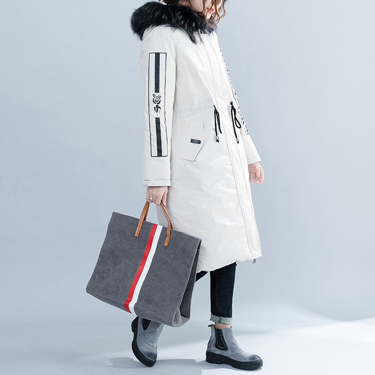 White Parka Loose Fitting Hooded Fur Collar Letter Quilted Coat Tie Waist Pockets Cotton Coats