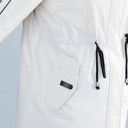 White Parka Loose Fitting Hooded Fur Collar Letter Quilted Coat Tie Waist Pockets Cotton Coats