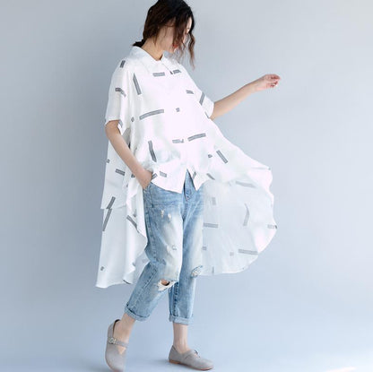 White Cotton Blouse Maxi T Shirts Low High Design Short Sleeve Cotton T Shirt