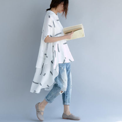 White Cotton Blouse Maxi T Shirts Low High Design Short Sleeve Cotton T Shirt