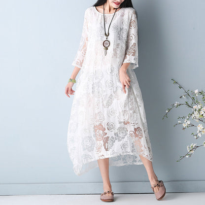 White Hollow Out Maxi Dresses O Neck Half Sleeve Summer Dress Asymmetric Summer Maxi Dress