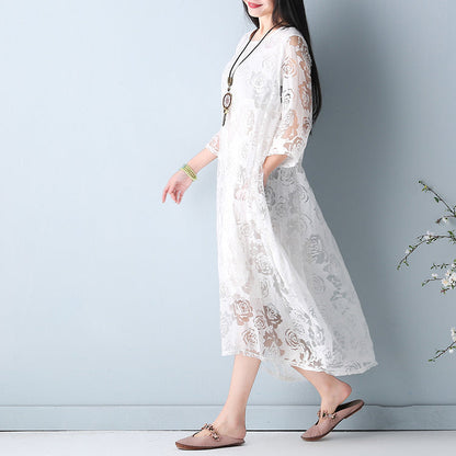 White Hollow Out Maxi Dresses O Neck Half Sleeve Summer Dress Asymmetric Summer Maxi Dress