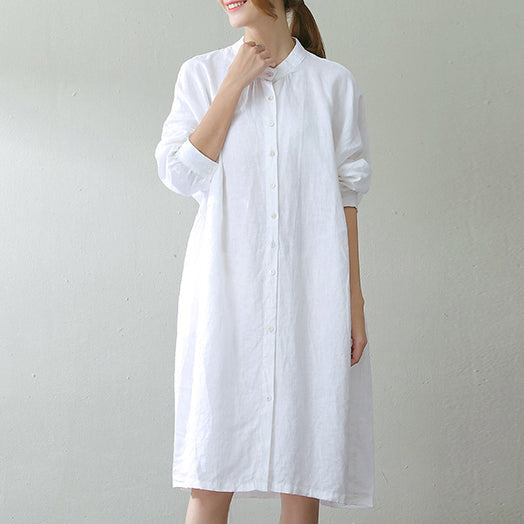 White Linen Caftans Oversize Stand Cinched Caftans Fine Long Sleeve Pockets Kaftan