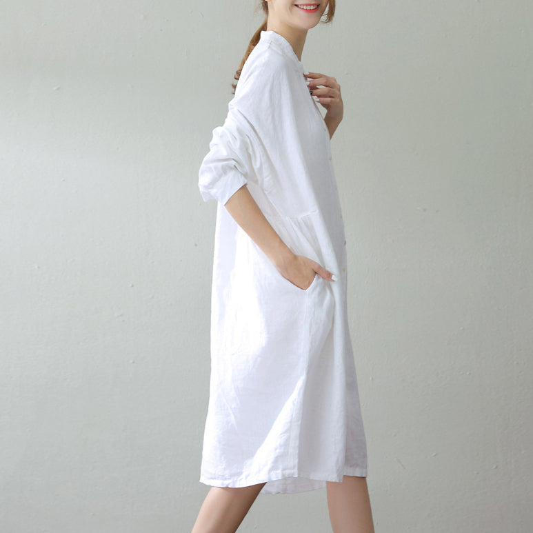 White Linen Caftans Oversize Stand Cinched Caftans Fine Long Sleeve Pockets Kaftan
