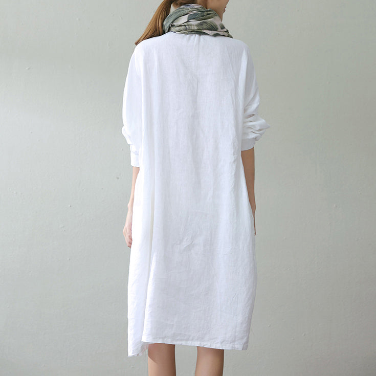 White Linen Caftans Oversize Stand Cinched Caftans Fine Long Sleeve Pockets Kaftan