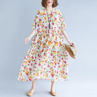 White Long Cotton Linen Dresses Short Sleeve Print Baggy Dresses V Neck Cotton Linen Dresses