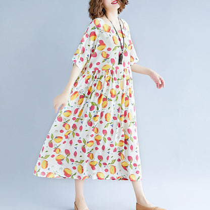 White Long Cotton Linen Dresses Short Sleeve Print Baggy Dresses V Neck Cotton Linen Dresses