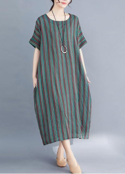Green Striped O Neck Summer Dress