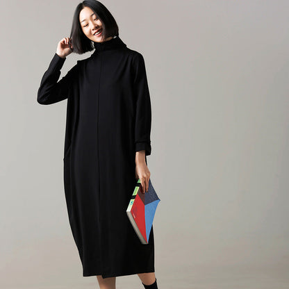 Red Cotton Dresses Long Front Open High Neck Dress