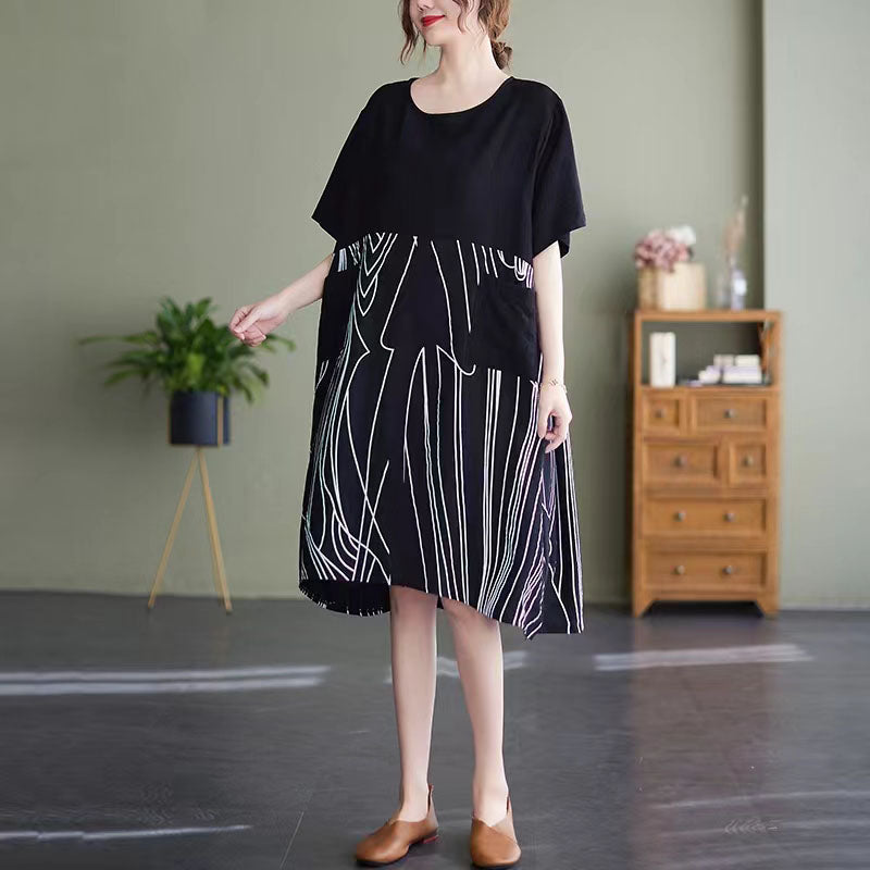 Black Midi Cotton Dresses Clothing Dress Patchwork O Neck Short Sleeve Cotton Dress