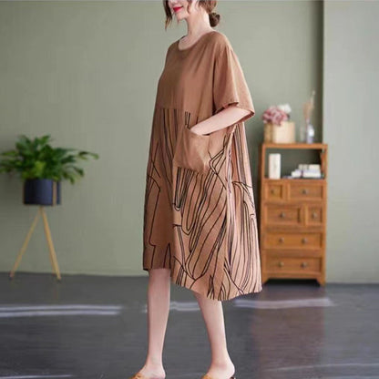 Black Midi Cotton Dresses Clothing Dress Patchwork O Neck Short Sleeve Cotton Dress