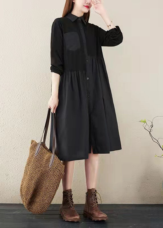 Black Striped Natural Cotton Linen Dress Shirt Dress Long Sleeve Side Open Stand Baggy Dresses
