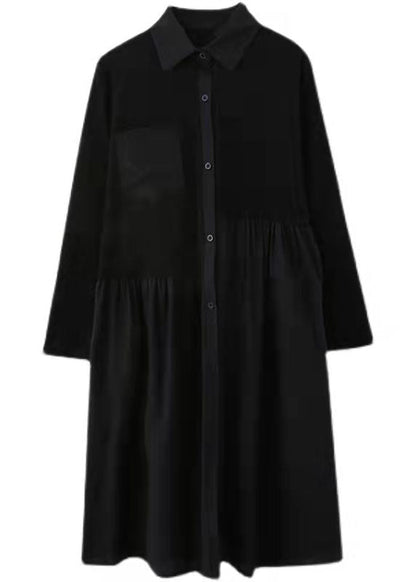 Black Striped Natural Cotton Linen Dress Shirt Dress Long Sleeve Side Open Stand Baggy Dresses