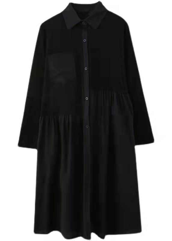 Black Striped Natural Cotton Linen Dress Shirt Dress Long Sleeve Side Open Stand Baggy Dresses