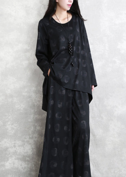 Black Print Blouse Pants Two Pieces Set Asymmetric O Neck