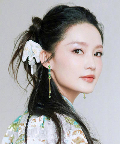 Chinese Style Green Sterling Silver Alloy Bamboo Jointtassel Drop Earrings