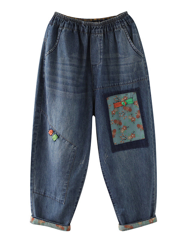 Artistic Retro Applique Denim Pants